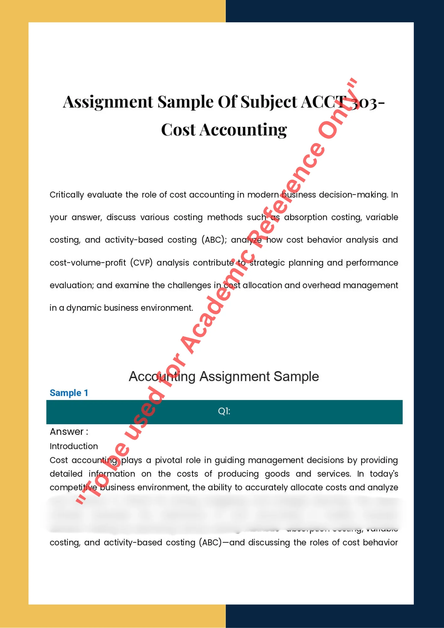 Assignment Sample Of Subject  ACCT 303- Cost Accounting 0